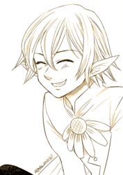  1boy bad_id bad_pixiv_id blush buttons closed_eyes commentary_request fairy flower greyscale grin hair_between_eyes harumiya helbram long_sleeves monochrome nanatsu_no_taizai pointy_ears shirt smile twitter_username 