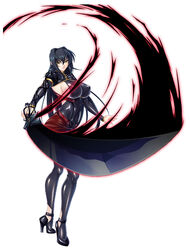  annerose_vajra black_hair breasts elf erect_nipples female full_body kagami_hirotaka katana koutetsu_no_majo_annerose koutetsu_no_majo_anneroze large_breasts legs lilith-soft long_hair looking_at_viewer pointy_ears sideboob smile solo standing sword weapon yellow_eyes 