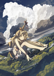  absurdres azling backless_outfit bare_arms bare_legs barefoot bird blonde_hair chains cloud commentary_request cuffs day dress dutch_angle expressionless female fingernails forest giant giantess hair_between_eyes hand_on_own_ankle head_tilt highres horn_ornament horn_ribbon horns ibuki_suika long_hair mountain nature on_ground outdoors ribbon river shackles sitting sleeveless sleeveless_dress solo torii touhou white_dress yellow_eyes 