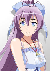  absurdres blue_eyes close-up commentary_request female highres jewelry knightstar long_hair looking_at_viewer pendant photoshop_(medium) ponytail purple_hair ryuugajou_nanana ryuugajou_nanana_no_maizoukin smile solo upper_body 