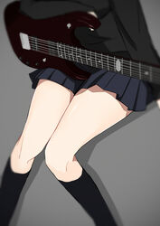  absurdres black_jacket black_skirt black_socks blazer blurry commentary_request female grey_background guitar head_out_of_frame highres instant_(ioarthus) instrument jacket kneehighs legs long_sleeves original pleated_skirt school_uniform sitting skirt socks solo thighs 