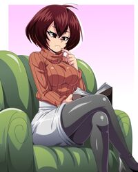  alternate_costume bocodamondo boku_no_hero_academia book breasts brown_hair casual couch female legs_crossed on_couch pantyhose reading short_hair sitting sousaki_shino sweater 