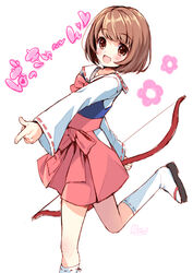  :d blush bow_(weapon) brown_eyes brown_hair commentary_request female finger_gun flower hakama hakama_short_skirt hakama_skirt heart japanese_clothes kneehighs miko open_mouth red_hakama ribbon-trimmed_collar ribbon-trimmed_legwear ribbon-trimmed_sleeves ribbon_trim sandals sengoku_basara short_hair signature skirt smile socks solo standing standing_on_one_leg tsuruhime_(sengoku_basara) usashiro_mani weapon zouri 