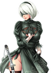  2b_(nier:automata) black_blindfold black_dress black_hairband blindfold breasts cleavage_cutout clothing_cutout covered_eyes cowboy_shot dress feather-trimmed_sleeves female hairband hand_on_own_chest hand_on_own_hip highres juliet_sleeves large_breasts long_sleeves looking_to_the_side mole mole_under_mouth nier:automata nier_(series) nose pink_lips planted planted_sword puffy_sleeves rokko shiny_clothes shiny_skin short_dress short_hair side_slit simple_background skindentation solo sword thighhighs thighs turtleneck vambraces weapon white_background white_hair wide_hips 