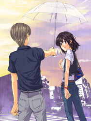  1boy bad_id bad_pixiv_id black_hair bravo_alfa brown_eyes brown_hair female giving glasses hikaru_no_go holding holding_umbrella iijima_ryou long_hair nase_asumi outdoors outstretched_arm rain short_hair umbrella 