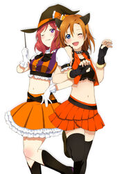  2girls ;d animal_ears bad_id bad_pixiv_id bare_shoulders belt black_gloves black_legwear blue_eyes blush bow brown_hair cat_ears collar cropped_jacket fingerless_gloves frilled_skirt frills gloves hairbow halloween hat inuzuka_bouru jacket kosaka_honoka love_live! love_live!_school_idol_project midriff multiple_girls navel nishikino_maki one_eye_closed one_side_up open_mouth parted_lips pleated_skirt purple_eyes red_hair short_hair skirt smile spiked_collar spikes striped thighhighs vertical_stripes wand white_gloves witch_hat zettai_ryouiki 