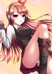  akame_ga_kill! boots brown_hair chelsea_(akame_ga_kill!) female hair_ribbon headphones highres long_hair panties pleated_skirt red_eyes red_ribbon red_skirt ribbon skirt solo tongue tongue_out underwear white_panties 