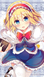  alice_margatroid apron ascot blonde_hair blue_dress blue_eyes blush book bow capelet commentary_request dress female hair_between_eyes hairband hairbow lolita_hairband masa_(miyabitei) open_mouth puffy_short_sleeves puffy_sleeves red_bow red_hairband sash short_hair short_sleeves solo touhou 