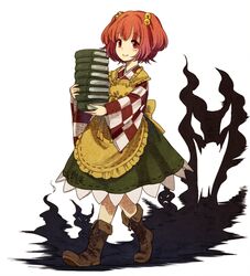  apron bell book book_stack boots character_name checkered_clothes checkered_kimono commentary_request cross-laced_footwear female full_body hair_bell hair_ornament holding holding_book japanese_clothes kimono lace-up_boots long_sleeves looking_at_viewer motoori_kosuzu ominous_shadow red_eyes red_hair shirt short_hair simple_background smile solo touhou two_side_up urin white_background wide_sleeves 