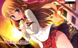  absurdres blue_eyes blush brown_hair dutch_angle female hand_on_own_chest highres long_hair melty_moment orie_yuuka rakko_(makarakko) school_uniform skirt solo sunset 