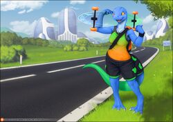  2018 5_fingers anole anthro barefoot biped blue_anole blue_body blue_skin breasts city clothed clothing day detailed_background digital_media_(artwork) eliza_(vader-san) feet female fingers furgonomics gesture grass hand_gesture hi_res hitchhiking lizard longboard non-mammal_breasts open_mouth outside plant reptile road scalie skating sky solo standing street tail teeth text thumbs_up tongue tree url vader-san yellow_eyes 