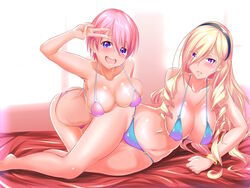  2girls all_fours arm_support bikini blonde_hair blue_eyes blush breasts celia_kumani_entory cleavage commentary_request drill_hair hairband kisaki_mio kurorettsu large_breasts long_hair looking_at_viewer multiple_girls o-ring o-ring_bottom o-ring_top open_mouth parted_lips pink_hair purple_eyes salute shiny_skin short_hair skindentation smile swimsuit v walkure_romanze 