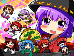  &gt;_&lt; 6+girls :p animal_ears bad_id bad_pixiv_id biwa_lute black_hair blush bow bowl bowl_hat brown_hair cape chibi closed_eyes double_dealing_character fins hairband hairbow hat head_fins horikawa_raiko horns imaizumi_kagerou instrument japanese_clothes kijin_seija long_hair lute_(instrument) mermaid mini_person minigirl miracle_mallet monster_girl motsu_(selshia12) multicolored_hair multiple_girls oerba_yun_fang open_mouth purple_eyes purple_hair red_eyes red_hair role_reversal sekibanki short_hair small_horns smile streaked_hair sukuna_shinmyoumaru tail tongue tongue_out touhou tsukumo_benben tsukumo_yatsuhashi wakasagihime white_hair white_horns wolf_ears wolf_tail 