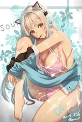  animal_ear_headphones animal_ears artist_name barefoot bikini blonde_hair blush breasts cat_ear_headphones cleavage commentary dated ecell fake_animal_ears female floral_background food food_in_mouth hair_intakes head_tilt headphones hugging_own_legs jacket large_breasts leg_up long_hair looking_at_viewer mouth_hold noa_(soulworker) open_clothes open_jacket parted_lips photoshop_(medium) pink_bikini pocky sidelocks signature sitting solo soulworker striped_bikini striped_clothes swimsuit thighs yellow_eyes 