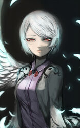  angel_wings arms_at_sides black_background bow bowtie closed_mouth commentary_request dress earrings expressionless eyebrows feathered_wings feathers female ginji_(sakaki_summer) glowing glowing_feather grey_hair half-closed_eyes jacket jewelry kishin_sagume lips long_sleeves looking_at_viewer open_clothes open_jacket purple_dress red_eyes short_hair single_wing solo swept_bangs touhou upper_body white_wings wing_collar wings 