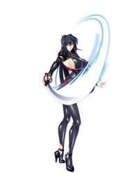  annerose_vajra black_hair breasts elf erect_nipples female full_body kagami_hirotaka katana koutetsu_no_majo_annerose koutetsu_no_majo_anneroze large_breasts legs lilith-soft long_hair looking_at_viewer pointy_ears sideboob smile solo standing sword weapon yellow_eyes 