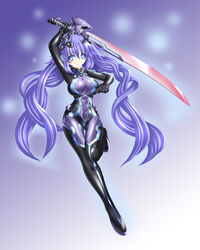  +_+ blue_eyes bodysuit braid commentary_request female highres long_hair neptune_(series) next_purple purple_hair purple_heart_(neptunia) shin_jigen_game_neptune_vii skin_tight sword symbol-shaped_pupils twin_braids weapon yakkey 