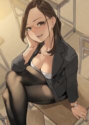  blush breasts brown_eyes brown_hair business_suit chair cleavage commentary crossed_legs desk earrings female formal glasses grey_jacket grey_skirt hand_on_own_cheek hand_on_own_face highres jacket jewelry large_breasts long_hair looking_at_viewer miru_tights okuzumi_yuiko pantyhose semi-rimless_eyewear skirt smile solo suit thighband_pantyhose thighs watch wristwatch yomu_(sgt_epper) 