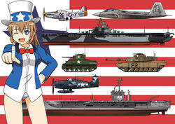  aircraft aircraft_carrier airplane bow bowtie caterpillar_tracks charlotte_e._yeager commentary_request f-22_raptor f6f_hellcat female flag_background hand_on_own_hip hat highres hoshino_banchou jet m1_abrams m4_sherman medium_tank military military_vehicle motor_vehicle no_pants one_eye_closed p-51_mustang panties photoshop_(medium) pointing pointing_at_viewer propeller ship standing star_(symbol) strike_witches tank top_hat turret underwear united_states uss_essex_(cv-9) uss_nimitz warship watercraft world_witches_series 