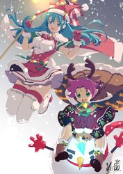  2girls antlers aqua_eyes aqua_hair bell boots bow breasts brown_gloves cape commentary_request dress eirika_(fire_emblem) eirika_(winter)_(fire_emblem) facial_mark fae_(fire_emblem) fae_(winter)_(fire_emblem) fire_emblem fire_emblem:_the_binding_blade fire_emblem:_the_sacred_stones fire_emblem_heroes forehead_mark framed_breasts fur_trim gloves green_eyes hat holding holding_staff horns kero_sweet long_hair long_sleeves medium_breasts multiple_girls open_mouth pointy_ears pom_pom_(clothes) purple_hair red_gloves red_hat reindeer_antlers santa_costume santa_hat short_hair signature sleeveless sleeveless_dress snowing snowman staff thighhighs 