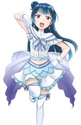  bad_id bad_pixiv_id blue_hair bow commentary_request earrings female gloves hair_bun jewelry koi_ni_naritai_aquarium long_hair love_live! love_live!_sunshine!! midriff midriff_peek navel open_mouth pink_eyes rurie_(lourie) simple_background single_hair_bun skirt solo thighhighs tsushima_yoshiko white_background zettai_ryouiki 