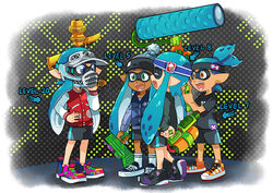  1boy 3girls :d aerospray_(splatoon) aqua_hair blue_eyes closed_eyes commentary dark_skin english_commentary fangs gomipomi green_eyes headband ink_tank_(splatoon) inkling inkling_boy inkling_girl inkling_player_character jersey mask monster_boy monster_girl multiple_girls open_mouth orange_eyes paint_roller photoshop_(medium) pointy_ears shorts smile splat_roller_(splatoon) splatoon_(series) splatoon_1 splattershot_(splatoon) splattershot_jr_(splatoon) super_soaker tentacle_hair vest water_gun weapon 