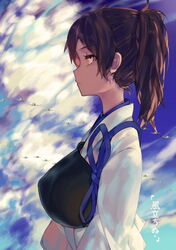  aircraft airplane blue_sky breasts brown_eyes brown_hair cloud cloudy_sky commentary_request day female highres japanese_clothes kaga_(kancolle) kantai_collection large_breasts leung_ka_che muneate outdoors profile side_ponytail sky solo tasuki translated upper_body 