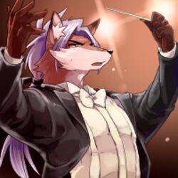  1:1 1boshi anthro bow_(feature) bow_tie brown_body brown_fur canid canine clothed clothing conducting_baton fox fur hair holding_object humanoid_hands inner_ear_fluff jacket japanese kemono low_res male mammal music_conductor ponytail purple_hair solo thumbnail topwear tuft 