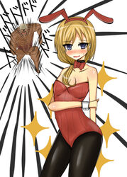  1boy animal_ears armored_titan blonde_hair blue_eyes blush bow bowtie breasts bunny_ears bunnysuit choker christa_renz cleavage detached_collar fake_animal_ears female giant hairband highres leotard long_hair low-tied_long_hair monster monster_boy muscle nude open_mouth pantyhose running shingeki_no_kyojin short_hair sparkle sweatdrop tears wrist_cuffs 