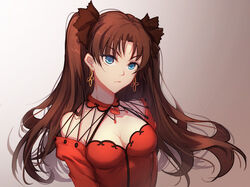  bare_shoulders blue_eyes breasts brown_hair cleavage commentary_request dress earrings fate/grand_order fate_(series) female hair_ribbon jewelry long_hair medium_breasts minhoo official_alternate_costume photoshop_(medium) red_dress ribbon solo tohsaka_rin tohsaka_rin_(formalcraft) two_side_up 