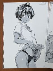  breasts buruma clothes_lift dated female from_side greyscale groin hair_between_eyes highres looking_at_viewer make_heroine_ga_oo_sugiru! midriff_peek monochrome navel open_mouth photo_(medium) ribbon school_uniform shirt_lift short_hair signature simple_background small_breasts solo traditional_media tsujizen white_background yakishio_lemon 