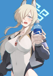  absurdres animal_ear_fluff animal_ears armband bare_shoulders blonde_hair blue_archive blue_armband blue_background blue_eyes blue_halo blue_jacket bottle breasts competition_swimsuit covered_navel dog_ears dog_girl female furrowed_brow hair_over_one_eye halo highleg highleg_one-piece_swimsuit highres holding holding_bottle jacket kanna_(blue_archive) kanna_(swimsuit)_(blue_archive) lanyard large_breasts long_hair norinnn0 notched_ear one-piece_swimsuit open_clothes open_jacket purple_armband sharp_teeth short_eyebrows sidelocks simple_background solo swimsuit teeth water_bottle wet whistle whistle_around_neck white_one-piece_swimsuit 