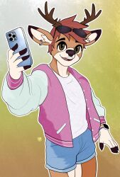  absurd_res anthro antlers black_nose bottomwear brown_antlers brown_body brown_eyes brown_fur calba cellphone clock clothing deer ear_piercing electronics eyebrows fur hair hi_res horn jacket letterman_jacket lgbt_pride male mammal markings new_world_deer nuncionull phone piercing pink_clothing pink_topwear pride_color_accessory pride_colors red_hair selfie shirt shorts smartphone smile solo teeth teeth_showing topwear watch white-tailed_deer white_body white_clothing white_fur white_shirt white_topwear 