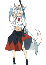  :&lt; absurdres animal_ears arm_above_head arm_up bare_shoulders black_skirt black_socks blush closed_mouth commentary_request crop_top cropped_shirt detached_sleeves eyes_visible_through_hair female full_body hair_between_eyes hair_intakes highleg highres holding holding_sword holding_weapon inubashiri_momiji kakaricho_dairi linea_alba long_hair looking_at_viewer midriff navel orange_skirt shirt skirt sleeveless sleeveless_shirt socks solo standing stirrup_legwear sword tail toeless_legwear touhou weapon white_hair white_shirt white_sleeves white_tail 