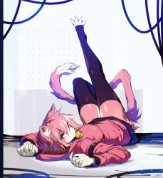  animal_ear_fluff animal_ears animal_nose arm_belt bell black_thighhighs breasts cable cat_ears cat_girl cat_tail closed_mouth commentary commission curled_fingers english_commentary female full_body furry furry_female hair_between_eyes highres hood hood_down hooded_jacket jacket jingle_bell knee_up leg_up legs long_sleeves looking_at_viewer lying medium_breasts on_back original pink_eyes pink_fur pink_hair pink_hood pink_jacket pink_tail sandy_(sandyx) short_hair signature sio_(fireflufferz) solo spread_toes tail tail_raised thighhighs toeless_legwear toes two-tone_fur white_background white_fur zettai_ryouiki 