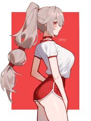  alexandrina_sebastiane alternate_hairstyle ass breasts chui_art dolphin_shorts female from_behind gloves grey_hair hair_between_eyes highres large_breasts long_hair partially_fingerless_gloves ponytail red_eyes shirt shirt_tucked_in short_shorts shorts smile tented_shirt thighs underbutt very_long_hair white_shirt zenless_zone_zero 