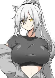  absurdres animal_ears arknights black_shirt breasts closed_mouth crop_top cropped_shirt eyes_visible_through_hair female grey_jacket hair_over_one_eye hand_in_pocket hashtag-only_commentary highres jacket large_breasts long_hair looking_at_viewer navel off_shoulder schwarz_(arknights) shirt short_sleeves simple_background solo t-shirt upper_body white_background white_hair xibu_cai yellow_eyes 