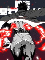  1boy arm_up ass ass_focus boku_no_hero_academia commentary endeavor_(boku_no_hero_academia) feet_out_of_frame fire from_behind highres impossible_clothes jacket long_sleeves mabataki male_focus muscular muscular_male night night_sky short_hair sky solo star_(sky) superhero_costume symbol-only_commentary thighs 