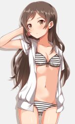  arm_behind_back bikini black_bikini blush breasts brown_eyes brown_hair cleavage closed_mouth collarbone cowboy_shot dot_nose female front-tie_bikini_top front-tie_top grey_background hand_up idolmaster idolmaster_million_live! idolmaster_million_live!_theater_days jacket kitazawa_shiho long_hair looking_at_viewer medium_breasts naruse_nagi navel open_clothes open_jacket short_sleeves simple_background solo standing striped_bikini striped_clothes swimsuit two-tone_bikini white_bikini white_jacket yellow_eyes 