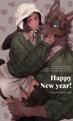  1boy animal_ears blue_eyes body_fur brown_background brown_fur brown_hair buri_luv carrying child_carry claws english_commentary english_text female furry furry_male green_sweater happy_new_year highres looking_at_viewer new_year original rabbit_ears rabbit_girl red_eyes short_hair skirt straight sweater thighhighs wolf_boy 