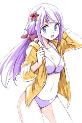  bikini blue_eyes blush bow breasts cleavage commentary cowboy_shot female flower hair_flower hair_ornament hairbow highres jacket kaguya_madoka long_hair long_sleeves looking_at_viewer medium_breasts navel open_mouth precure purple_bikini purple_hair smile solo star_twinkle_precure swimsuit uraki white_background yellow_jacket 