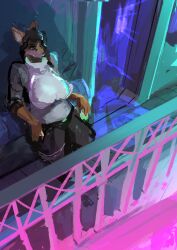  absurd_res anthro beverage big_breasts black_hair breasts canid canine canis clothing convolute female futuristic hair hi_res holding_beverage holding_object jackal leaning_on_wall lights mammal outside railing solo vanessa_black wide_hips 