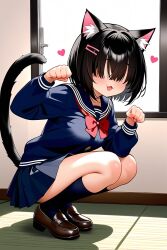  :3 ai_generated cat_ears cat_girl cat_tail catgirl flanofart hair_clips hair_ornament hair_over_eyes heart paw_pose school school_uniform schoolgirl short_hair solo solo_female solo_focus tagme wierdgirl_(flanofart) 