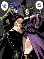  2girls abs anger_vein bare_shoulders beelstarmon black_coat black_hair black_leotard black_pants black_shirt black_wings blonde_hair breasts cleavage coat cropped_shirt demon_girl demon_horns demon_wings digimon english_commentary english_text eyeshadow highres horns japanese_clothes kimono kukuruyo large_breasts leotard lilithmon long_hair makeup medium_hair midriff multiple_girls multiple_wings navel pants purple_eyeshadow purple_kimono purple_lips revealing_clothes shirt smirk speech_bubble third_eye underboob wings 