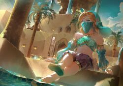  1boy blue_eyes bridal_gauntlets commentary english_commentary forehead_jewel gerudo_set_(zelda) harem_pants highres in-universe_location light_brown_hair link male_focus mouth_veil palm_tree pants scenery sheikah_slate sitting soaking_feet solo_focus strapless sunlight the_legend_of_zelda the_legend_of_zelda:_breath_of_the_wild tjeirzld tree tube_top veil water 