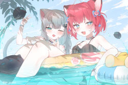  2girls 8ru_(pa_ru2023) :3 absurdres afloat akami_karubi alternate_costume animal_ears bikini black_bikini blue_eyes blush bracelet breasts cat_ears cat_girl cat_tail choker cleavage commentary_request creature fangs furrowed_brow grey_hair hair_ornament hair_ribbon half-closed_eye hand_on_another&#039;s_chin hand_up highres indie_virtual_youtuber jewelry long_hair looking_at_viewer medium_breasts multiple_girls nachoneko on_innertube one_eye_closed open_mouth outdoors red_hair ribbon short_hair short_twintails smug swimsuit tail twintails twitter_username v virtual_youtuber water 