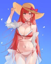  akane_lize arm_up ass_visible_through_thighs bare_shoulders bikini black_eyes breasts choker cleavage collarbone cowboy_shot female frilled_bikini frills front-tie_bikini_top front-tie_top halterneck hat highres large_breasts long_hair looking_at_viewer mole mole_under_eye multi-strapped_bikini_bottom multi-strapped_bikini_top multicolored_hair nail_polish navel open_mouth red_bikini red_choker red_hair red_nails sarong see-through_clothes see-through_sleeves side-tie_bikini_bottom skindentation solo standing stellive stomach straw_hat streaked_hair string_bikini swimsuit talnory thighs very_long_hair virtual_youtuber 