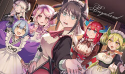  6+girls black_dress black_hair blue_eyes blue_hair blush breasts brown_eyes chamber_dragonmaid cleavage collarbone dragon_girl dragon_horns dragon_wings dress duel_monster flat_chest glasses green_hair grey_hair highres horns house_dragonmaid indoors kitchen_dragonmaid large_breasts laundry_dragonmaid long_hair low_wings maid maid_headdress medium_hair multiple_girls nurse_dragonmaid parlor_dragonmaid pink_eyes pink_hair pinyata_(pinyaland) red_hair twintails wings yu-gi-oh! 