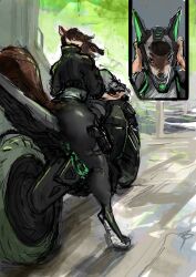  absurd_res anthro armor ass big_butt canid canine canis clothing convolute female futuristic green_sky gun headgear helmet hi_res holstered_pistol jackal mammal motorcycle outside ranged_weapon riding_motorcycle sky solo vanessa_black vehicle weapon wearing_helmet 