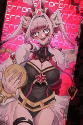  absurdres animal_ears black_leotard blush breasts cleavage cowboy_shot double_bun doughnut_hair_bun duel_monster error_message female haijiru_0616 hair_bun heart heart_tattoo highres holding holding_pocket_watch large_breasts leotard long_hair malice&lt;p&gt;white_rabbit pink_hair pink_pupils pocket_watch rabbit_ears smile solo tattoo teeth twintails very_long_hair watch yu-gi-oh! 